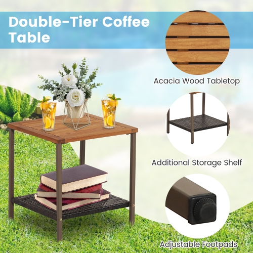 Gymax 3PCS Patio Rattan Rocking Chair Bistro Set Armrest Cushion Table w/ Storage Shelf