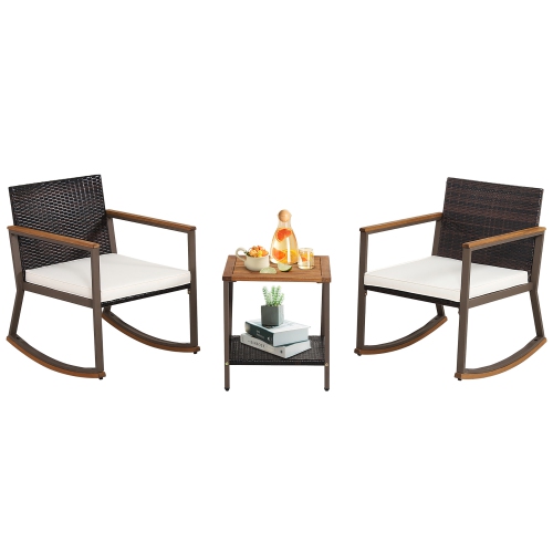 Gymax 3PCS Patio Rattan Rocking Chair Bistro Set Armrest Cushion Table w/ Storage Shelf