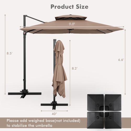 Gymax Patio 9.5FT Square Cantilever Offset Umbrella Double Vented 360° Heavy Duty