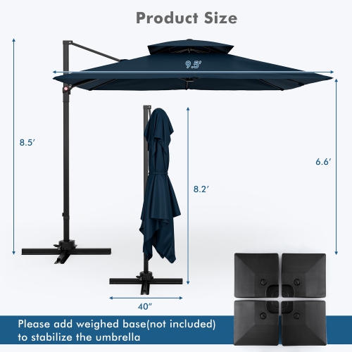 Gymax Patio 9.5FT Square Cantilever Offset Umbrella Double Vented 360° Heavy Duty