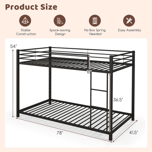 Gymax Twin Over Twin Low Metal Bunk Bed with Ladder Guardrails for Teens Adults Black
