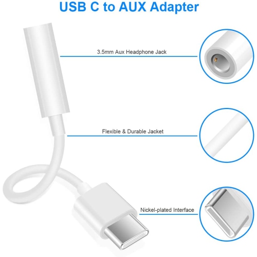 USB C to AUX, USB C Headphone Adapter, USB C to 3.5mm Audio Adapter, USB C to Headphone Jack Compatible