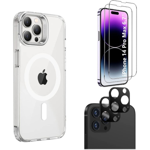 SAHARACASE  Iphone 14 Pro Max Protection Kit Bundle - Hybrid-Flex Kickstand Case With Tempered Glass Screen And Camera Protector - Clear