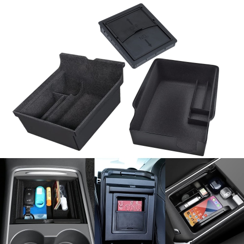 Center Console Organizer Tray 3PCS for 2021 2022 2023 Tesla Model 3 Model Y  Interior Accessories Flocked Center Console Organizer Armrest Hidden Cubby  Drawer Storage Box ABS Materi