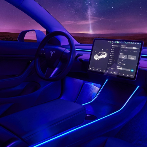 HLD New 2016-2020 Tesla Model 3 Y Interior Car Neon Lights, (Center Console+Dashboard+2 Foot Lights Accessories) Tesla Ambient Lighting, App Control RGB Led Strip Lights With Multiple