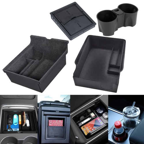 HLD Center Console Organizer Tray Cup Holder Insert 4PCs Upgrade for 2021 2022 2023 Tesla Model 3 Y Interior Accessories Flocked Organizer Armrest Hidden Cubby Drawer Storage Box Abs M