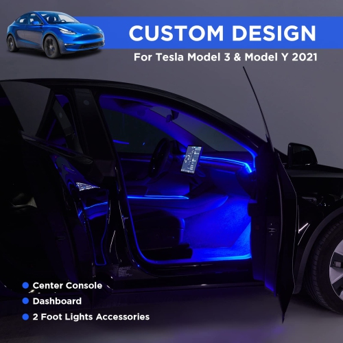 2021 2022 Tesla Model 3 Y Interior Car Neon Lights(Center Console+Dashboard+2 Foot Lights) with Matching Armrest Organizer, Tesla Ambient Lighting,
