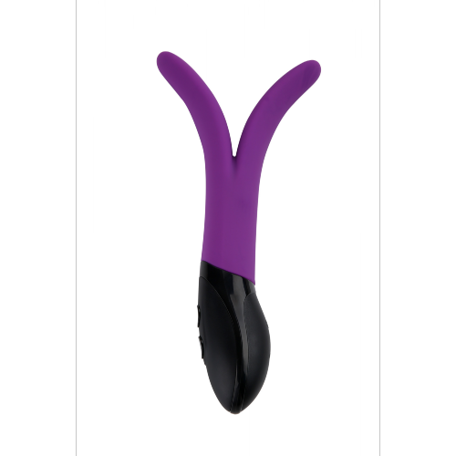 Vibromasseur magnétique rechargeable unisexe en forme de V avec 10 fonctions variables offert dans un emballage discret de Stimula V-Joy