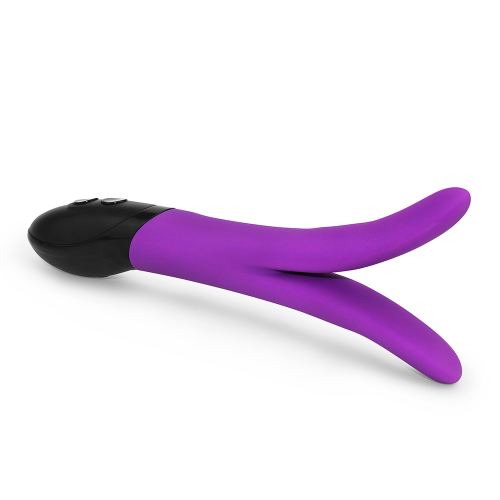 Vibromasseur magnétique rechargeable unisexe en forme de V avec 10 fonctions variables offert dans un emballage discret de Stimula V-Joy
