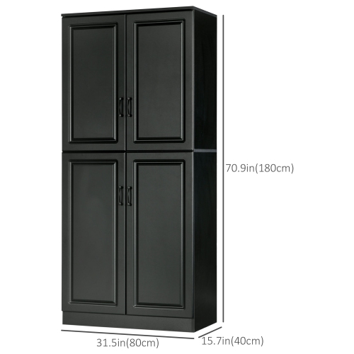 HOMCOM 71" Tall Kitchen Pantry Cabinet, Freestanding Storage Cupboard with 4 Hinged Doors and Adjustable Shelves, Black