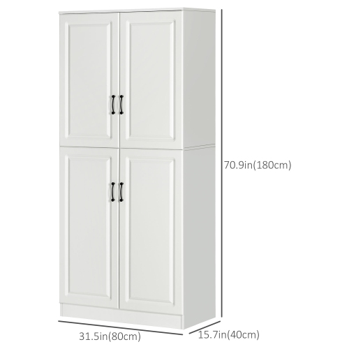 HOMCOM 71" Tall Kitchen Pantry Cabinet, Freestanding Storage Cupboard with 4 Hinged Doors and Adjustable Shelves, White