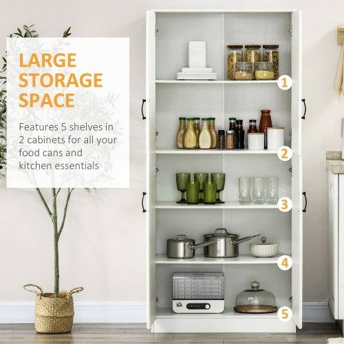 HOMCOM 71" Tall Kitchen Pantry Cabinet, Freestanding Storage Cupboard with 4 Hinged Doors and Adjustable Shelves, White