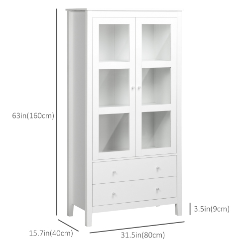 HOMCOM Tall Kitchen Pantry Cabinet, Freestanding Buffet Storage Cabinet with 3-tier Shelves, 2 Drawers, Glass Doors and Soft Close Hinges, White