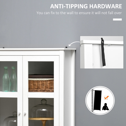 HOMCOM Tall Kitchen Pantry Cabinet, Freestanding Buffet Storage Cabinet with 3-tier Shelves, 2 Drawers, Glass Doors and Soft Close Hinges, White