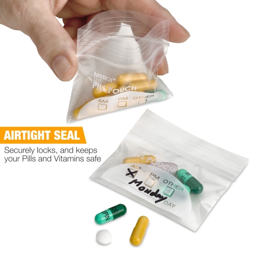 Pill Pouch Bags - 3" x 2.75" Pill Baggies and Disposable Plastic Travel Pill Bags with Write-on Labels