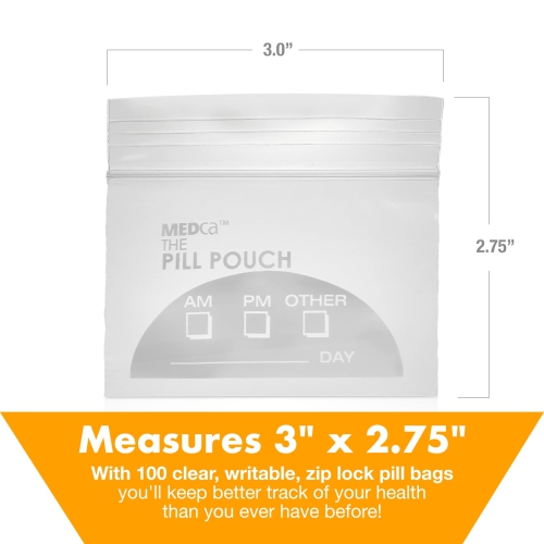 Pill Pouch Bags - 3" x 2.75" Pill Baggies and Disposable Plastic Travel Pill Bags with Write-on Labels