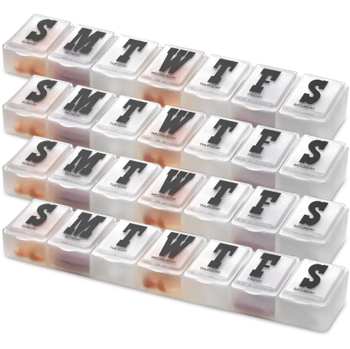 Pill Organizers - Pack of 4 Bold Letter Weekly Pill Planners for 28 Days Total to Separate Supplements, Fish Oils & Vitamins Daily Medication