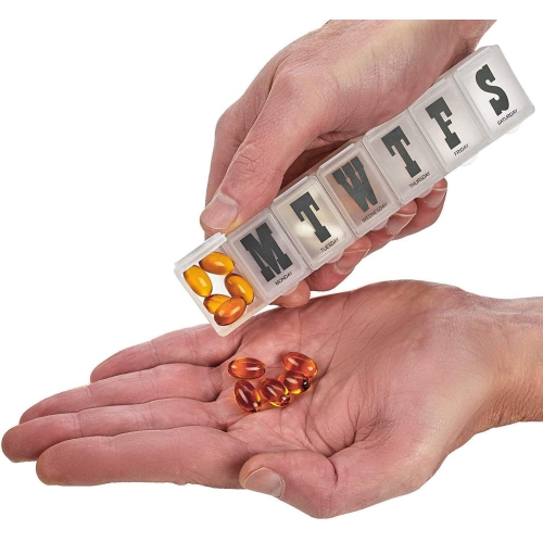 Pill Organizers - Pack of 4 Bold Letter Weekly Pill Planners for 28 Days Total to Separate Supplements, Fish Oils & Vitamins Daily Medication