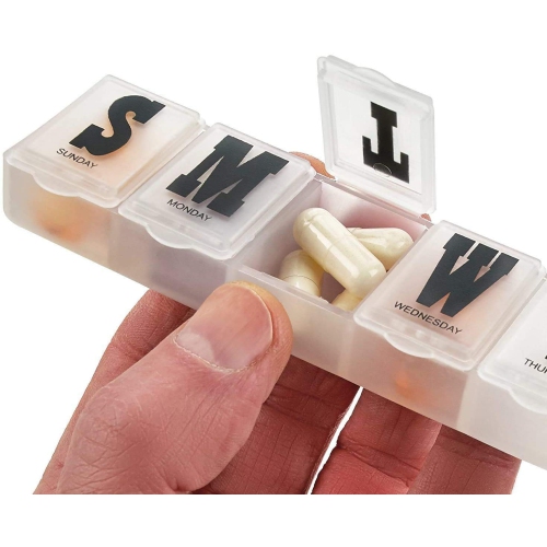 Pill Organizers - Pack of 4 Bold Letter Weekly Pill Planners for 28 Days Total to Separate Supplements, Fish Oils & Vitamins Daily Medication