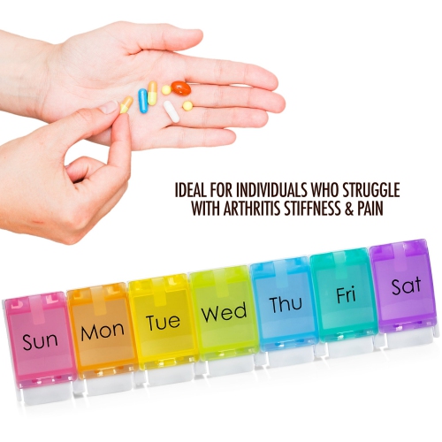 7 Day Pill Organizer - with Push Button Assisted Open a Daily Travel Pill Box Case Planner and Large Compartments for Medication Vitamins Fish Oil &
