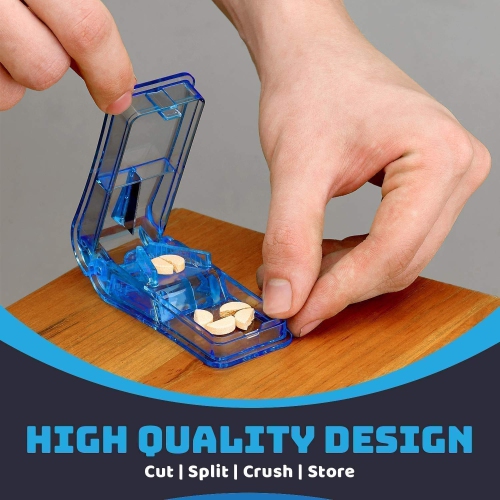 Pill Cutter - - V- Grip Pill Crusher and Cutter for Vitamins, Big & Small Pills, and Medication - Transparent Pill Splitter with Pill Holder Case to