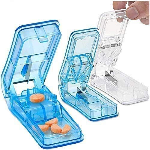 Pill Cutter - - V- Grip Pill Crusher and Cutter for Vitamins, Big & Small Pills, and Medication - Transparent Pill Splitter with Pill Holder Case to