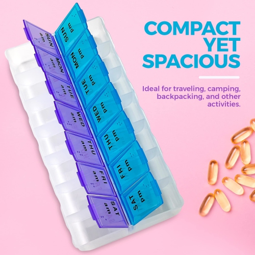 Weekly Pill Organizer - 7 Day AM/PM Twice a Day | Pills Planner Case with Large Compartment | BPA Free Travel Medicine Box for Medication, Vitamins &