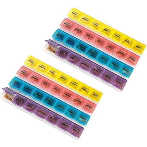 Monthly Pill Organizers - 28 Day Monthly Pill Planners to Separate Pills & Vitamins Week to Week, Travel Medication Reminder Daily Monday to Sunday