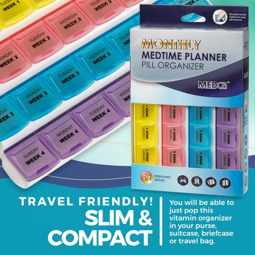 Monthly Pill Organizers - 28 Day Monthly Pill Planners to Separate Pills & Vitamins Week to Week, Travel Medication Reminder Daily Monday to Sunday