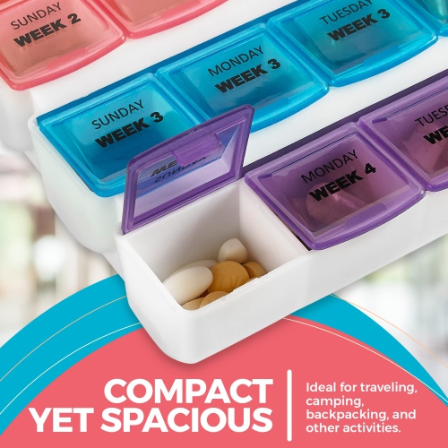 Monthly Pill Organizers - 28 Day Monthly Pill Planners to Separate Pills & Vitamins Week to Week, Travel Medication Reminder Daily Monday to Sunday