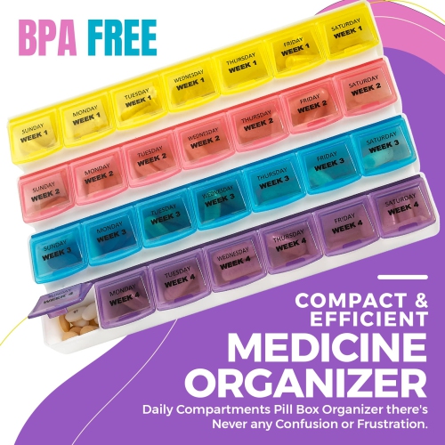 Monthly Pill Organizers - 28 Day Monthly Pill Planners to Separate Pills & Vitamins Week to Week, Travel Medication Reminder Daily Monday to Sunday