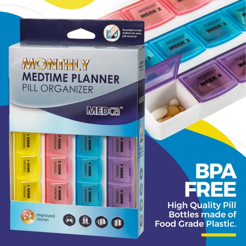 Monthly Pill Organizers - 28 Day Monthly Pill Planners to Separate Pills & Vitamins Week to Week, Travel Medication Reminder Daily Monday to Sunday