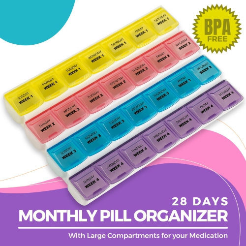 Monthly Pill Organizers - 28 Day Monthly Pill Planners to Separate Pills & Vitamins Week to Week, Travel Medication Reminder Daily Monday to Sunday