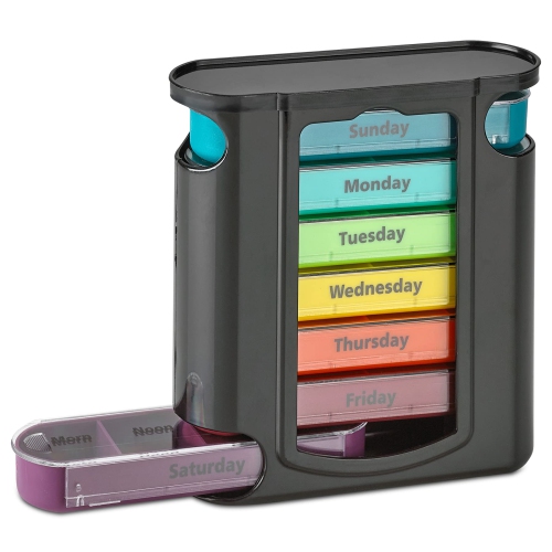 MEDCA  Weekly Pill Organizer, 1 Dispenser, 7 Stackable Compartments Four Times-A-Day - Morning, Noon, Evening, And Bedtime In Black