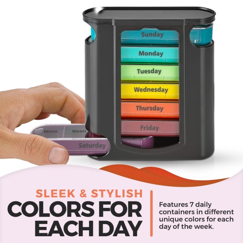 Weekly Pill Organizer, 1 Dispenser, 7 Stackable Compartments Four Times-a-Day - Morning, Noon, Evening, and Bedtime, Black
