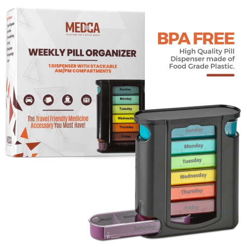 Weekly Pill Organizer, 1 Dispenser, 7 Stackable Compartments Four Times-a-Day - Morning, Noon, Evening, and Bedtime, Black