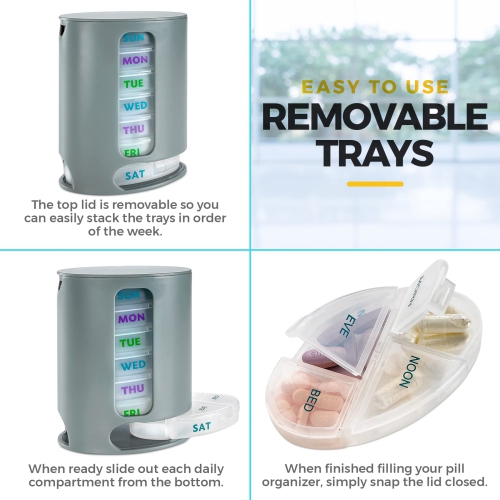 MEDca Weekly Pill Organizer, 1 Dispenser, 7 Stackable Compartments Four Times-a-Day - Morning, Noon, Evening, and Bedtime, Grey