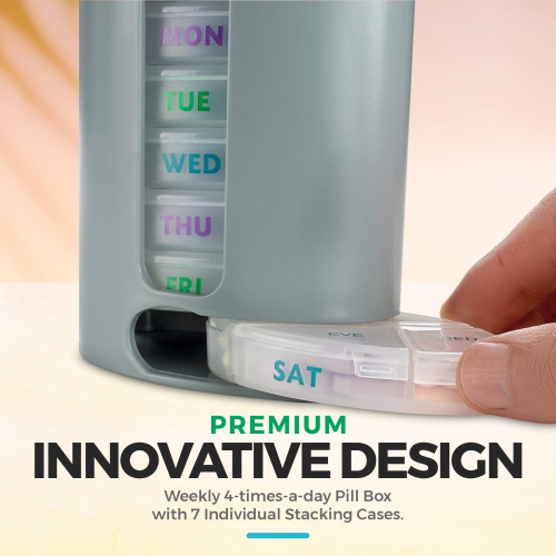 MEDca Weekly Pill Organizer, 1 Dispenser, 7 Stackable Compartments Four Times-a-Day - Morning, Noon, Evening, and Bedtime, Grey