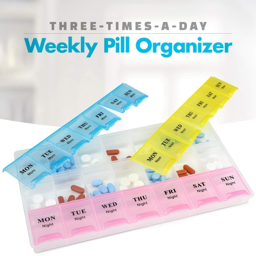 Weekly Pill Organizer - 21 Day Pill Planners for Pills Vitamins & Medication, 3 Times-a-Day Medication Reminder Boxes, Easy to Read & Travel Friendly