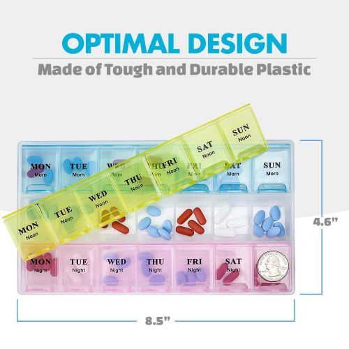 Weekly Pill Organizer - 21 Day Pill Planners for Pills Vitamins & Medication, 3 Times-a-Day Medication Reminder Boxes, Easy to Read & Travel Friendly