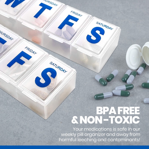 Weekly Pill Organizer - Extra Large Vitamin Container with Jumbo Easy to Read Letters, BPA Free - Daily Travel 7 Day Medication Pill Box Case