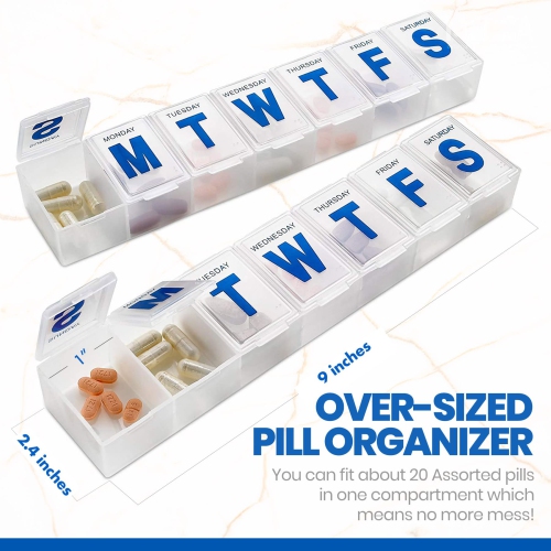 Weekly Pill Organizer - Extra Large Vitamin Container with Jumbo Easy to Read Letters, BPA Free - Daily Travel 7 Day Medication Pill Box Case