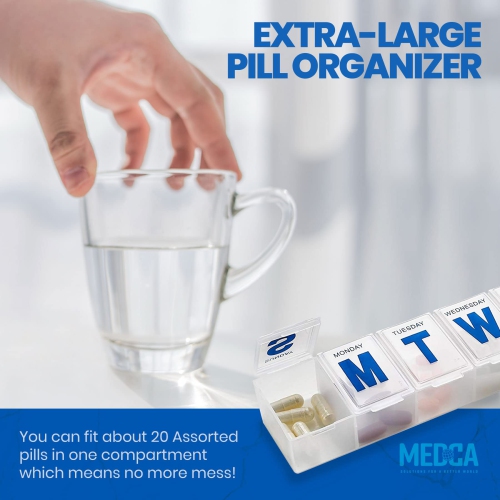 Weekly Pill Organizer - Extra Large Vitamin Container with Jumbo Easy to Read Letters, BPA Free - Daily Travel 7 Day Medication Pill Box Case