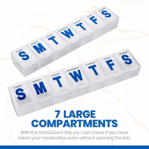 Weekly Pill Organizer - Extra Large Vitamin Container with Jumbo Easy to Read Letters, BPA Free - Daily Travel 7 Day Medication Pill Box Case