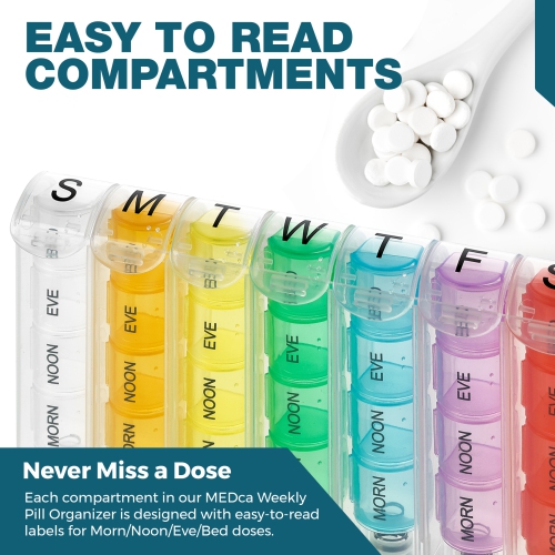 Weekly Pill Organizer - Pill Planners for Pills and Vitamins Day Week, 4 Times-a-Day Medication Reminder, AM PM Compartments Monday to Sunday for