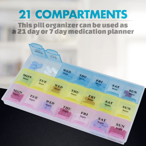 Weekly Pill Organizer - 21 Day Pill Planners for Pills Vitamins & Medication, 3 Times-a-Day Medication Reminder Boxes, Easy to Read & Travel Friendly