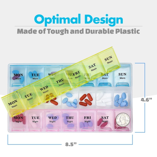 Weekly Pill Organizer - 21 Day Pill Planners for Pills Vitamins & Medication, 3 Times-a-Day Medication Reminder Boxes, Easy to Read & Travel Friendly