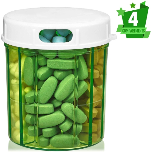 Round Pill Organizer Dispenser - Pill Boxes with 4 Compartments for Medication, Vitamins & Supplements Bottle Daily Pill Case Reminder Box