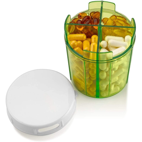 Round Pill Organizer Dispenser - Pill Boxes with 4 Compartments for Medication, Vitamins & Supplements Bottle Daily Pill Case Reminder Box