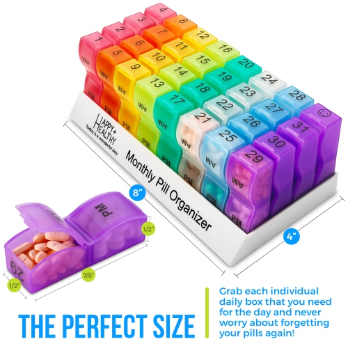 Pill Organizer Monthly - 31 Day Am/Pm Daily Pill Organizer 32 Pill Cases for Each Day, Pill Dispenser and Monthly Pill Organizer Box for Vitamins,